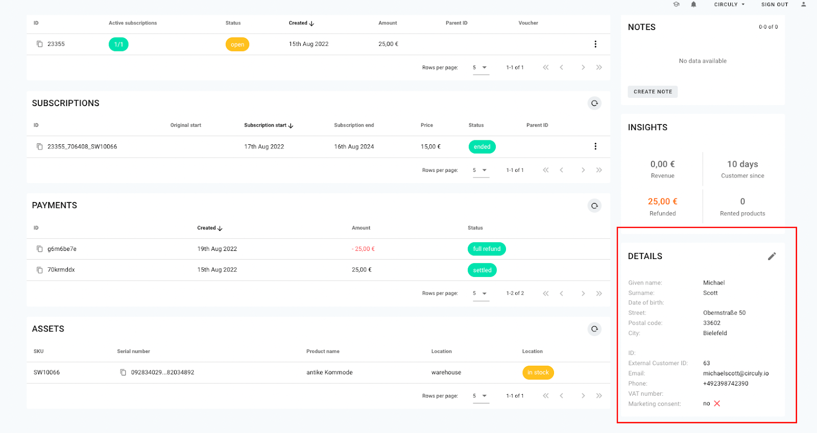 Screenshot of the customer overview in the circuly operations backend