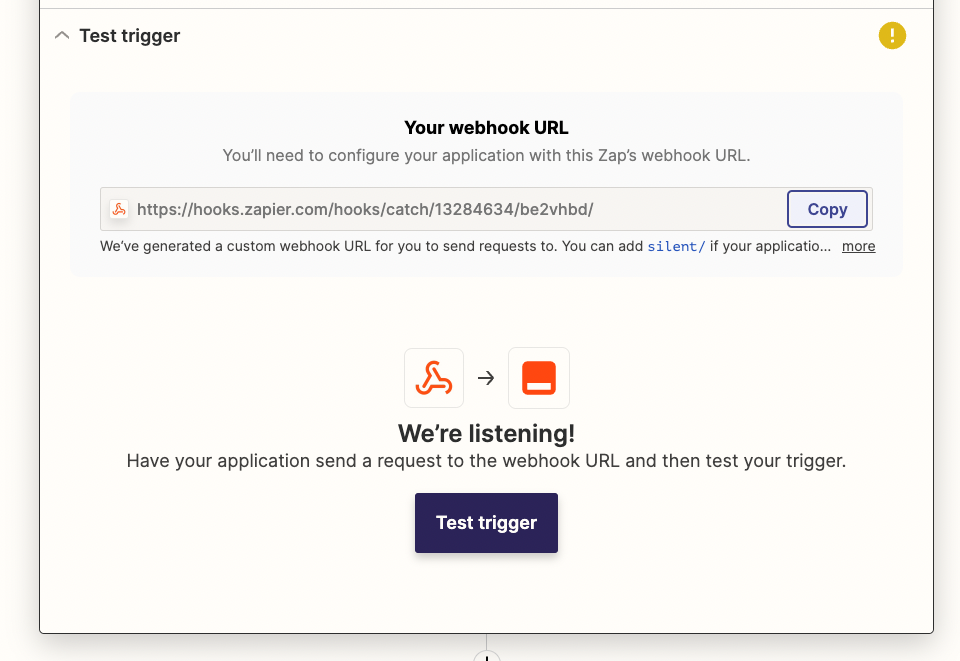 screenshot of zapier to test the connection with webhooks