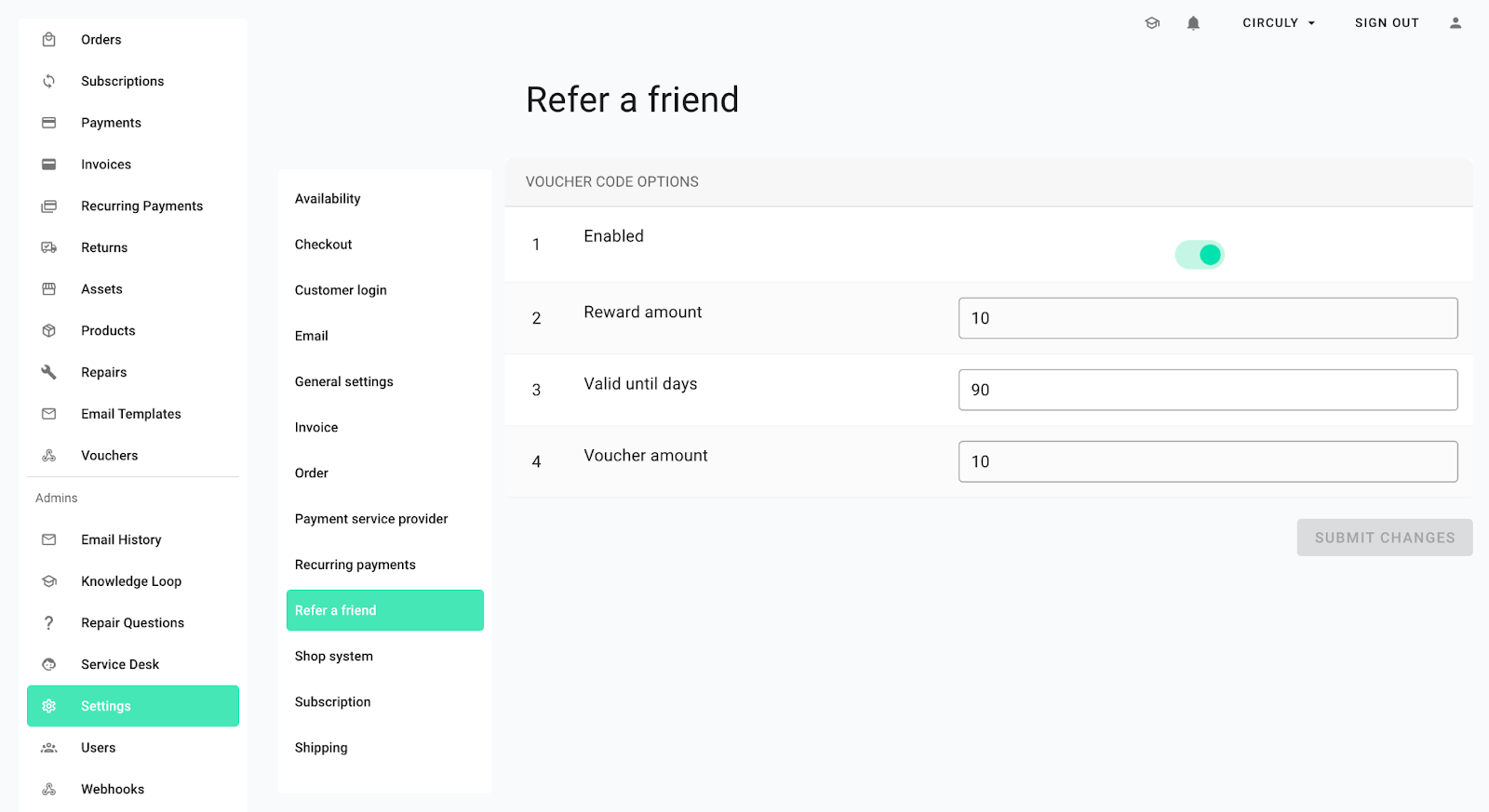 screenshot of refer a friend feature in circuly operations backend