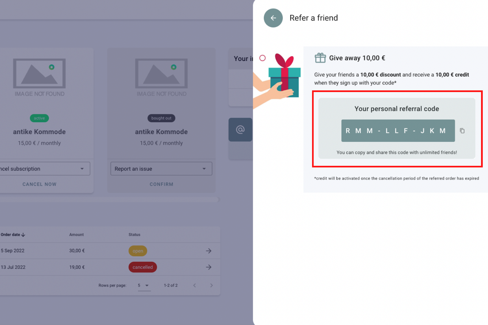 screenshot of refer a friend feature in circuly operations backend