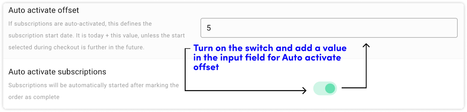 Screenshot of the circuly operations backend settings - auto activate offset