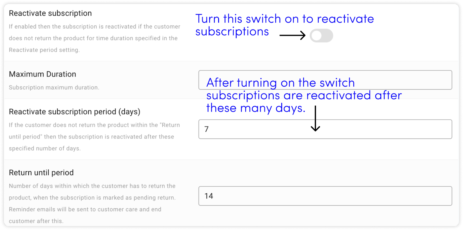 Screenshot of the circuly operations backend settings - reactivate subscription