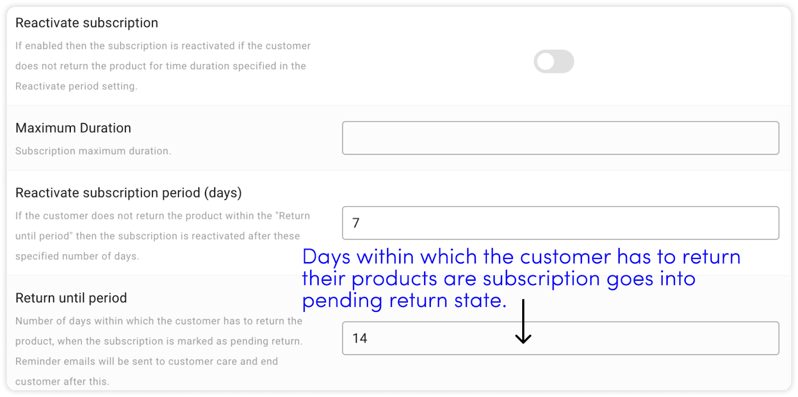 Screenshot of the circuly operations backend settings - return until period