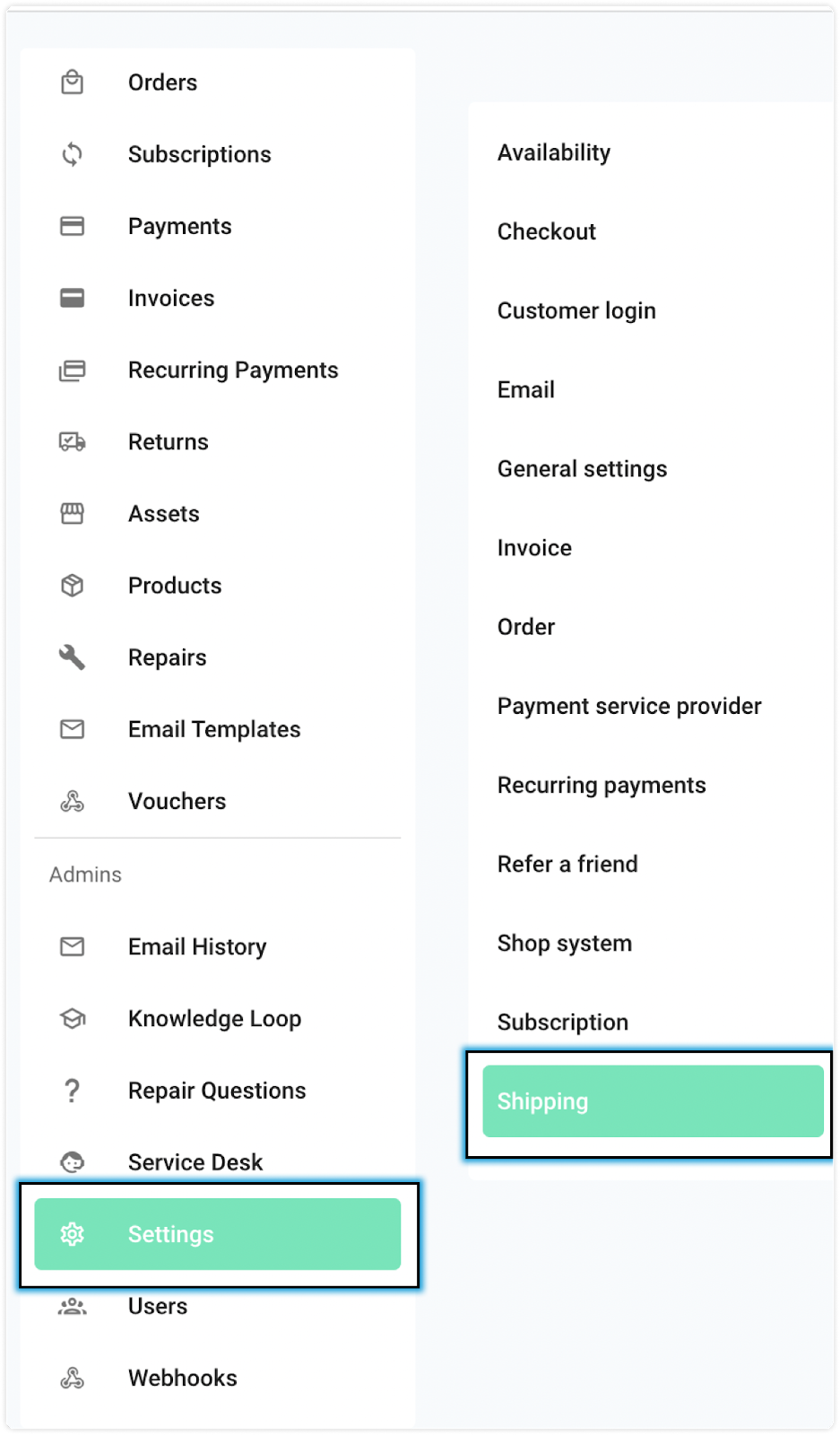 Screenshot of circuly settings to show the shipping method feature