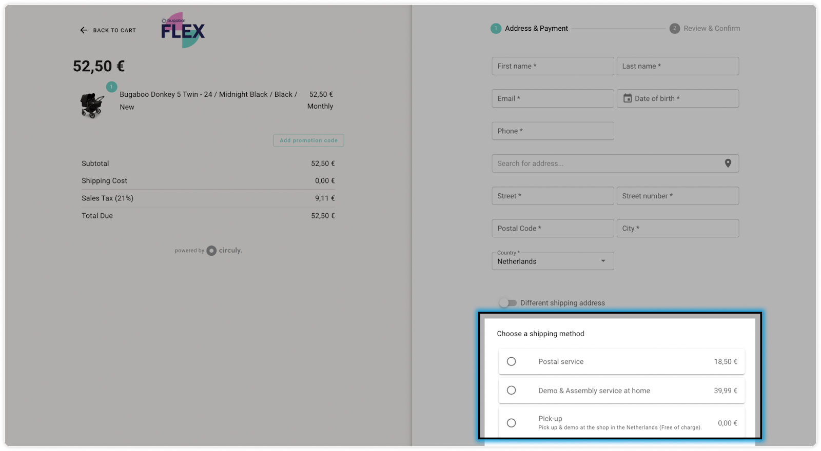 Screenshot of circuly checkout to show the shipping method feature