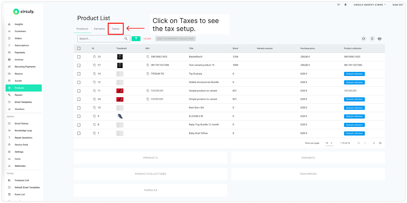 Screenshot of product list to show the tax rules feature