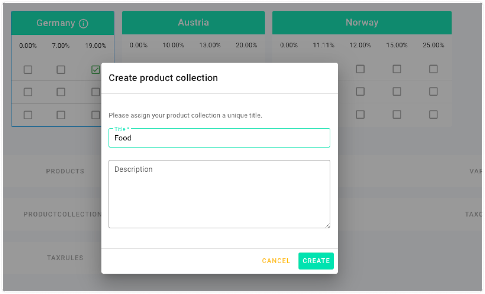 Screenshot of products tab to show the tax rules feature