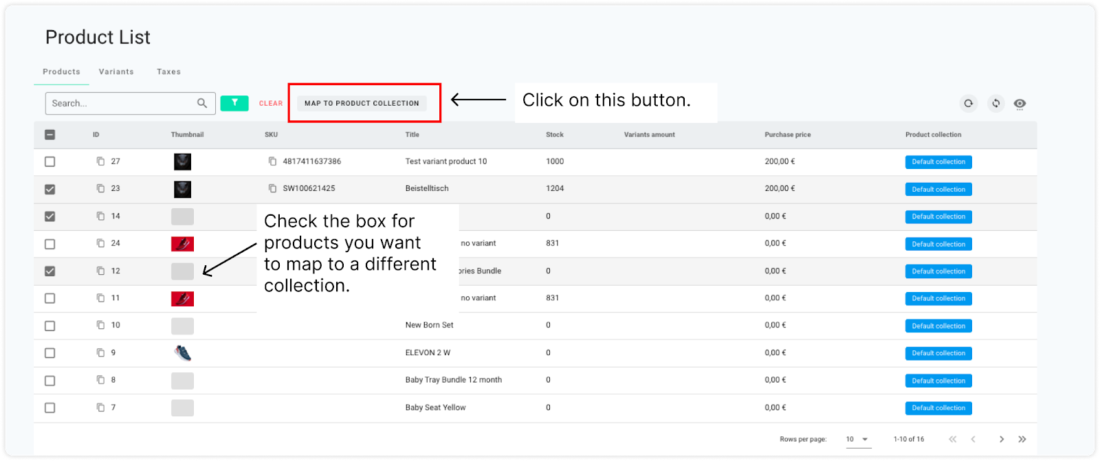 Screenshot of product list to show the tax rules feature
