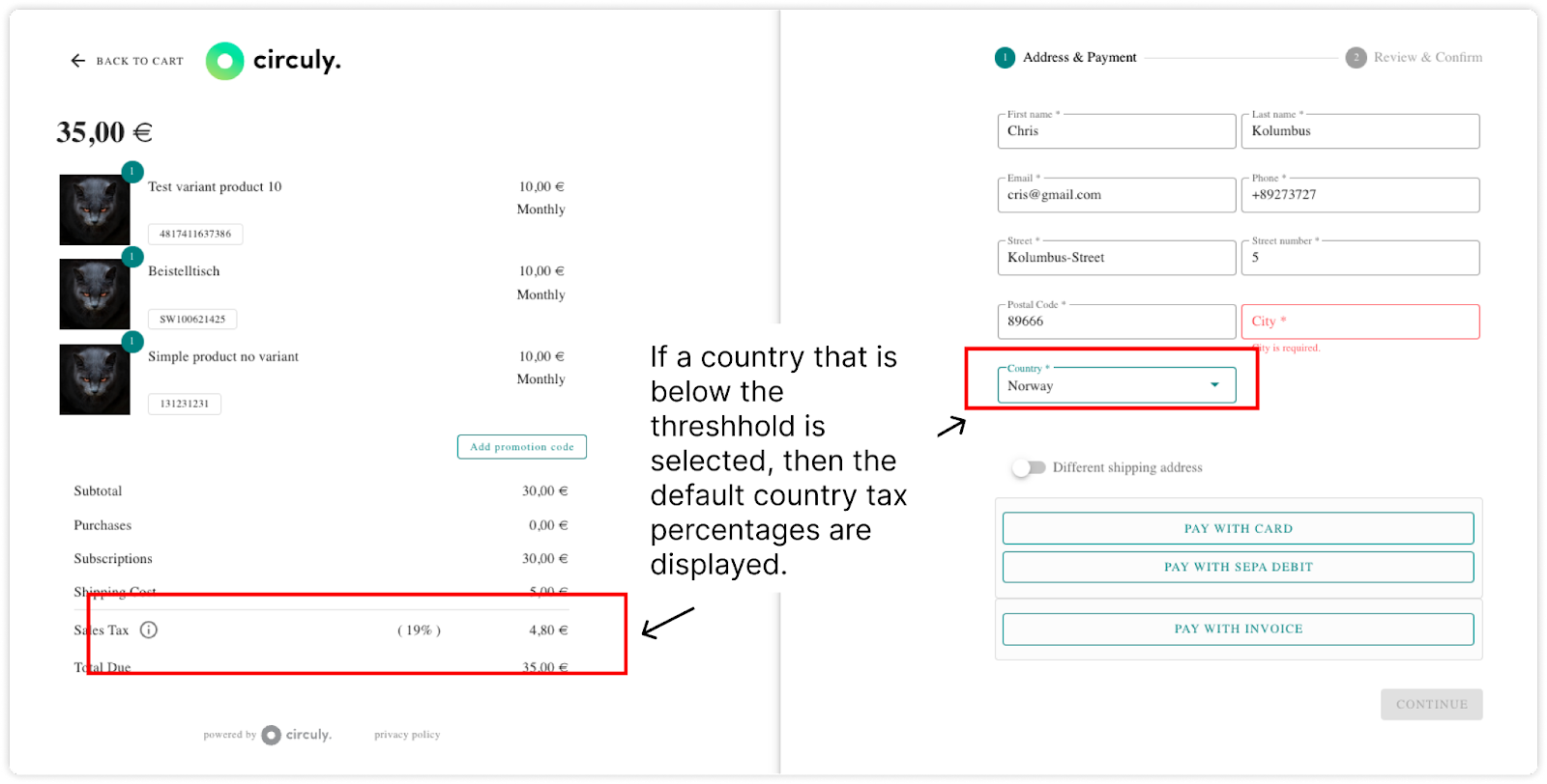 Screenshot of checkout to show the tax rules feature