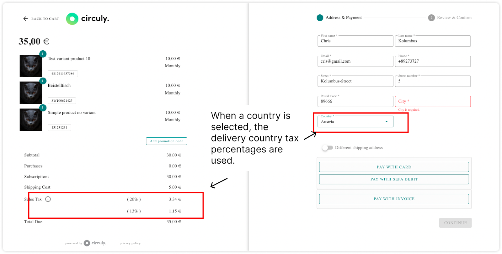 Screenshot of checkout to show the tax rules feature