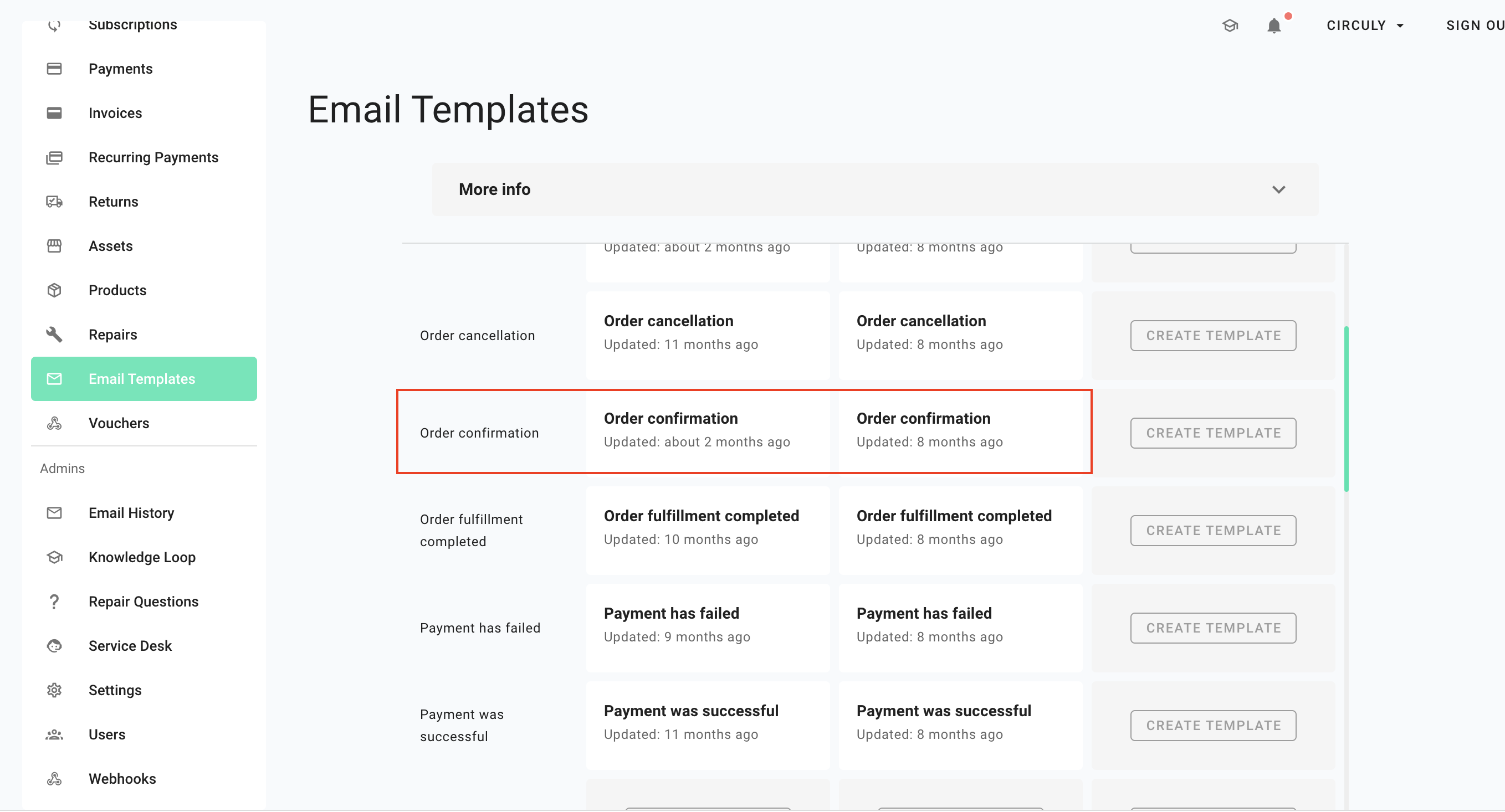 Screenshot of Email Templates tab to show the delayed charge feature.