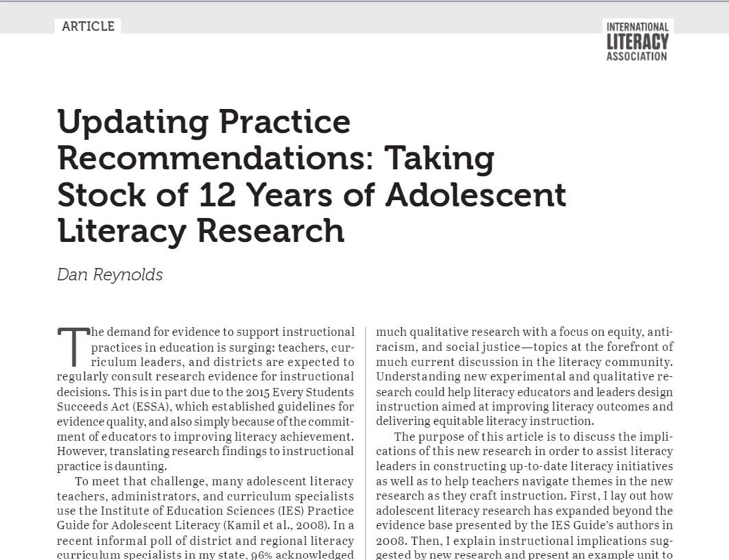 Reynolds, D. (2021). Updating Practice Recommendations: Taking Stock of 12 Years of Adolescent Literacy Research.