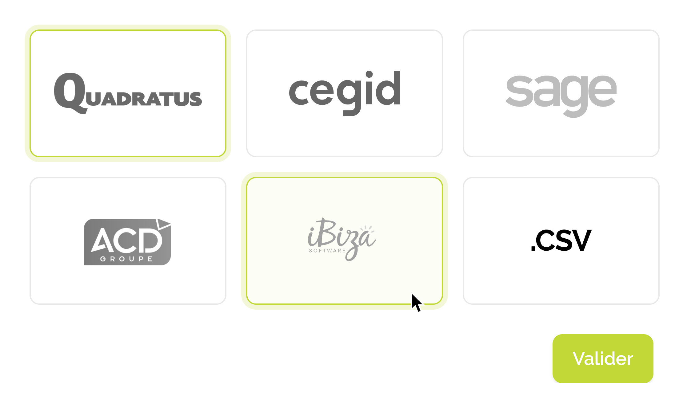 Logos des partenaires iDocus: Cegid, Sage, iBiza, Quadratus, ACD.