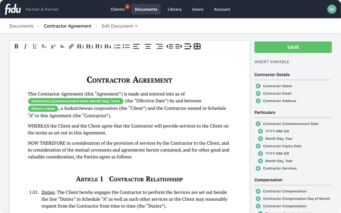 Screenshot of Fidu's document generation feature