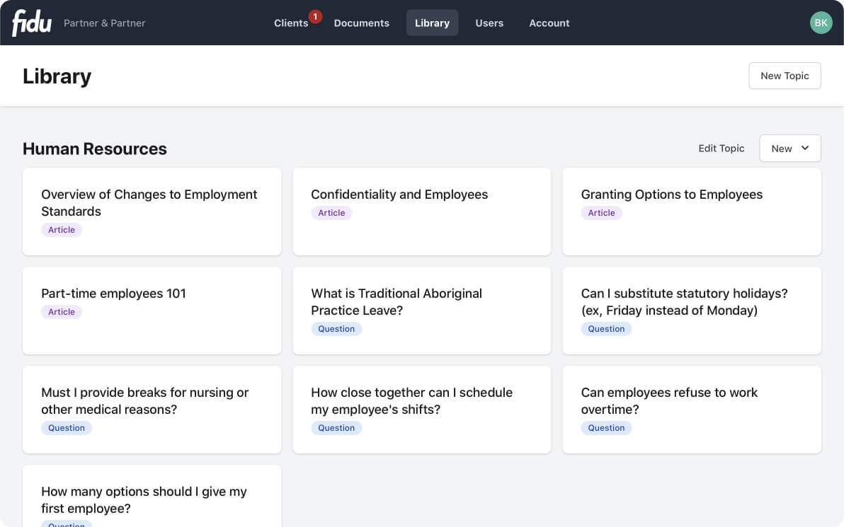 Screenshot of Fidu's knowledge base feature