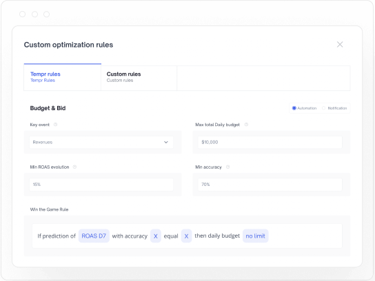 Automate your growth and save time when operating your UA campaigns. Automating as many actions as possible increases your efficiency and lower the usual risks linked to manual processes. For now you are able to automate changes of your bid, budget and pause any creative - and this for every marketing channel supported by Tempr. from the single interface.