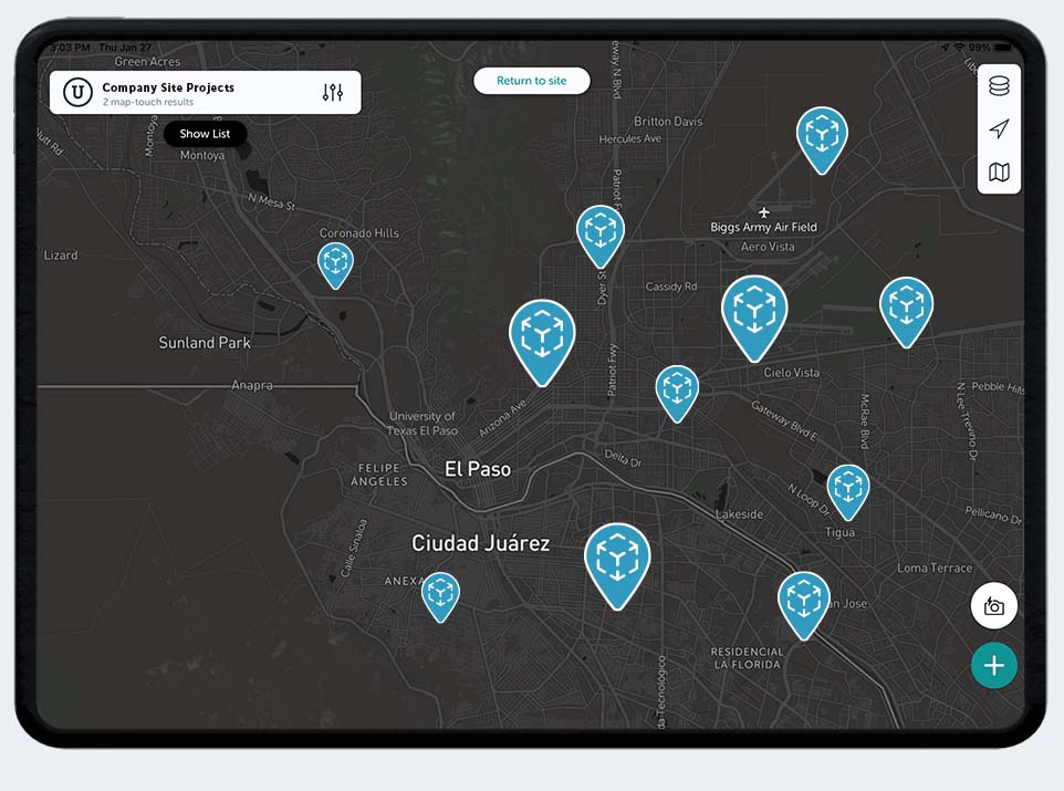 a tablet displaying geographically dispersed projects