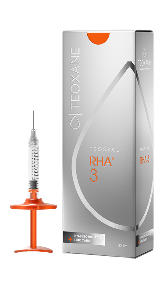 Packshot der Schachtel und der Spritze von Teosyal RHA® 3