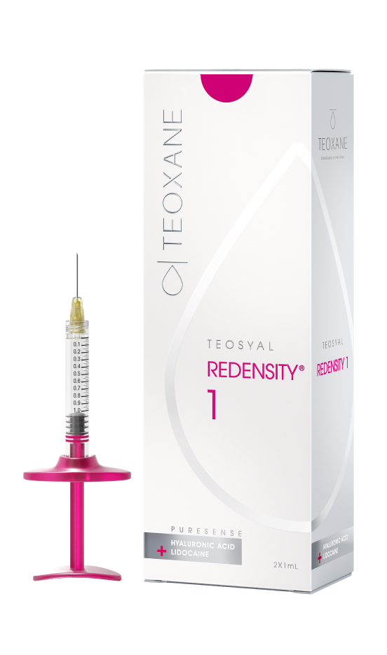 Packshot of the box and syringe of Teosyal® PureSense Redensity 1