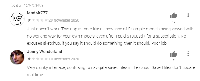 SketchUp Viewer user reviews on Google Play. Source: Google Play