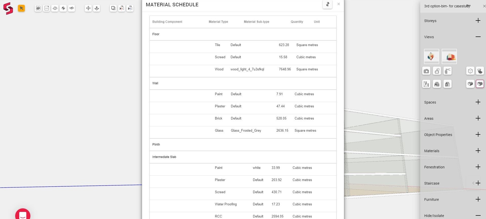 Snaptrude auto generation of Bill of Materials