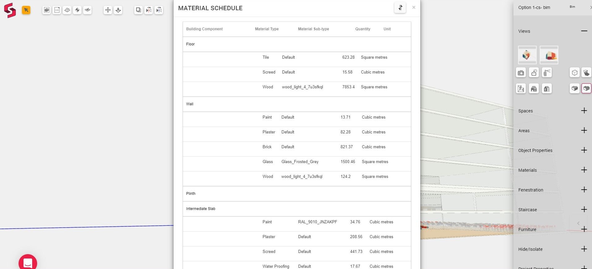 Snaptrude auto generation of Bill of Materials