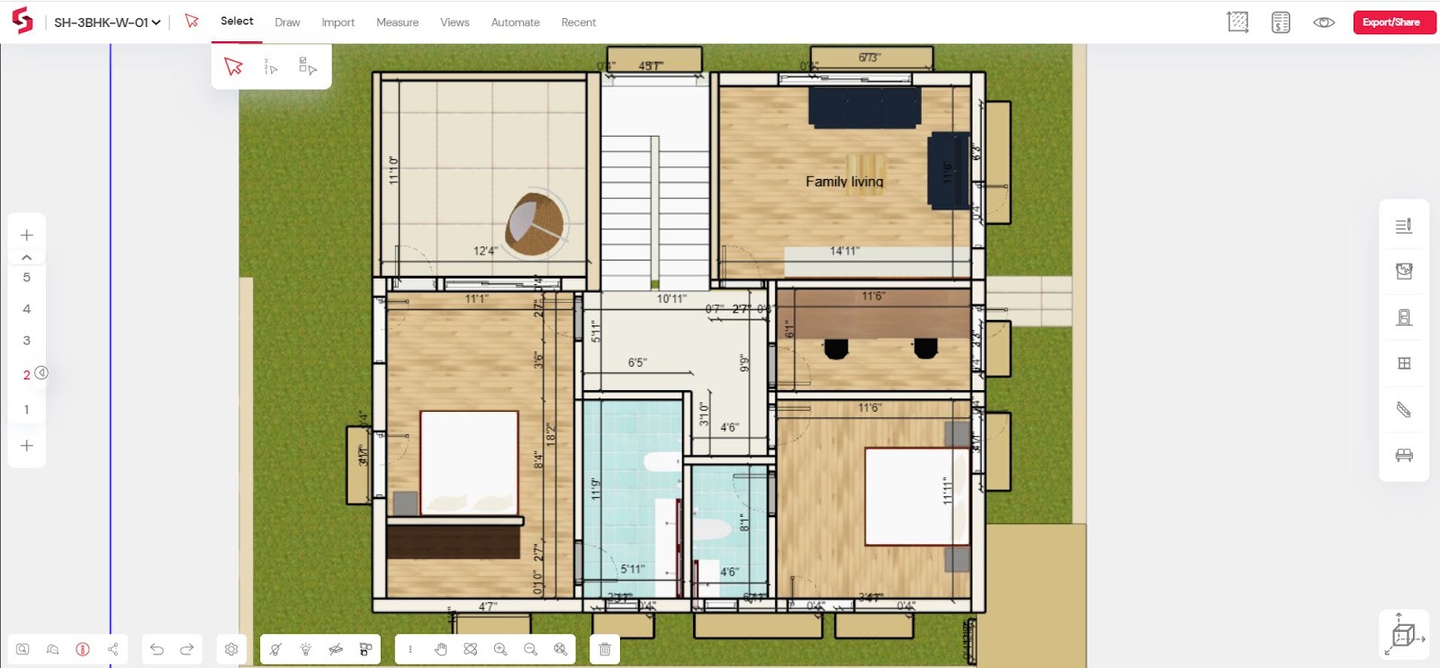 Detailed floor plan with furniture and dimensions