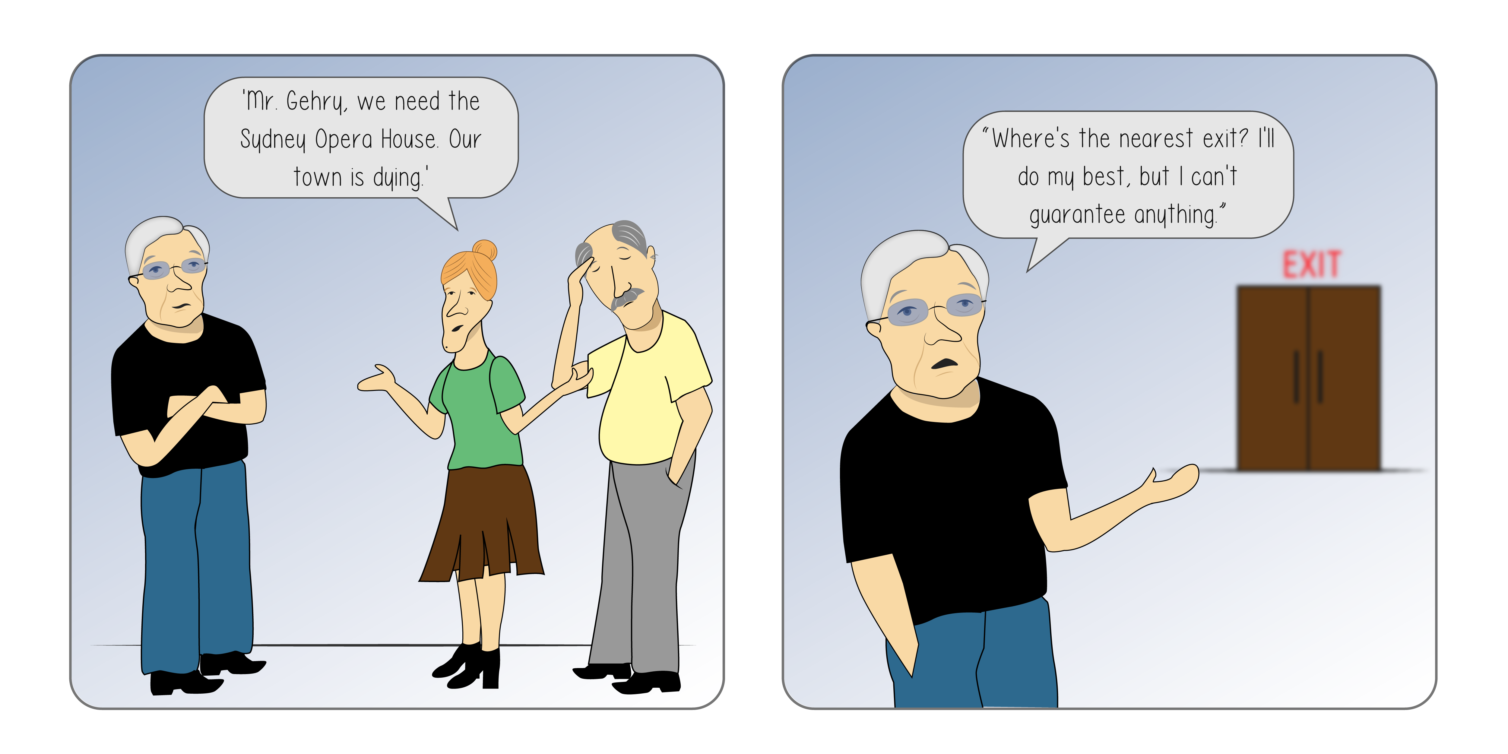 A custom comic depicting Architect Frank Gehry speaking with Spanish Authorities about the Bilbao Museum Guggenheim