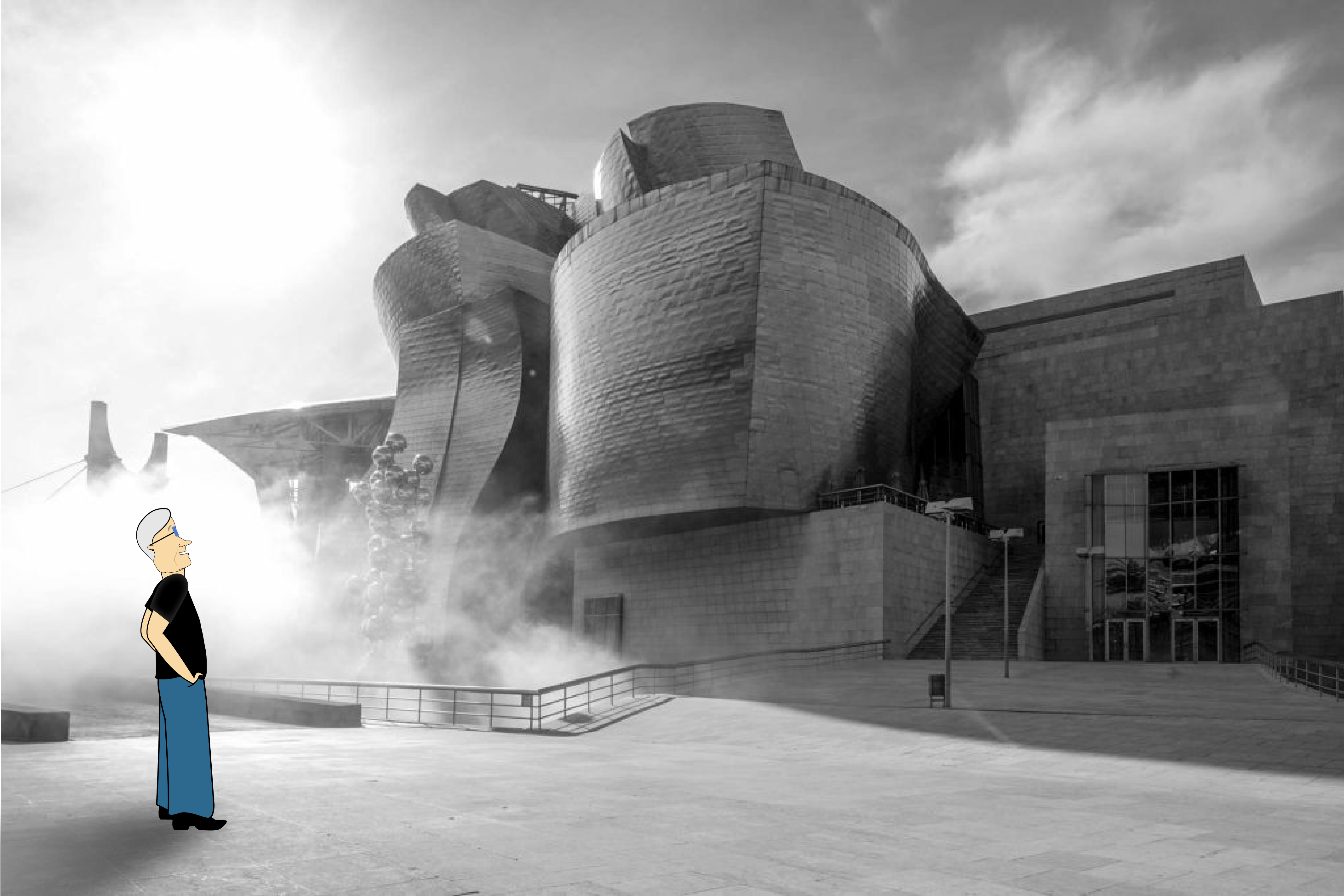 A comic of Frank Gehry admiring the Guggenheim Bilbao Museum he designed