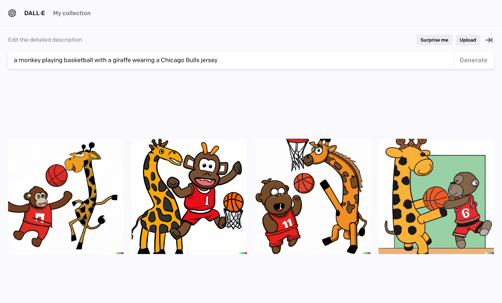 AI generated image of a monkey playing basketball with a giraffe wearing a Chicago Bulls Jersey