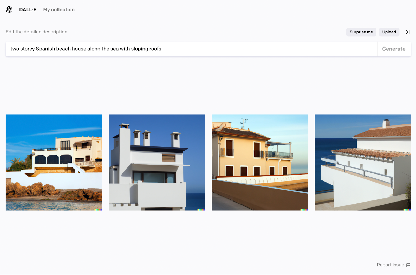 AI generated image of a two storey Spanish beach house along the sea with sloping roofs