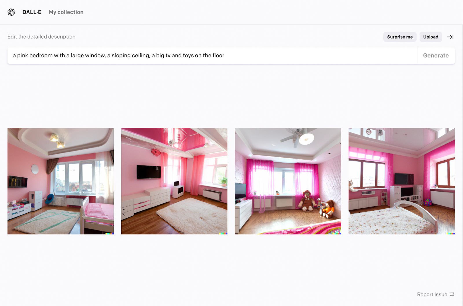 AI generated image of a pink bedroom with a large window, a sloping ceiling, a big tv and toys on the floor