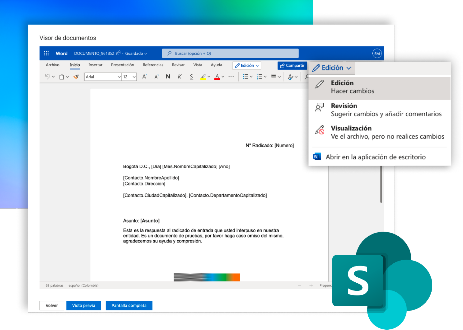 Screenshot dónde se muestra la integración con Microsoft Word y todo el ecosistema de Microsoft Sharepoint