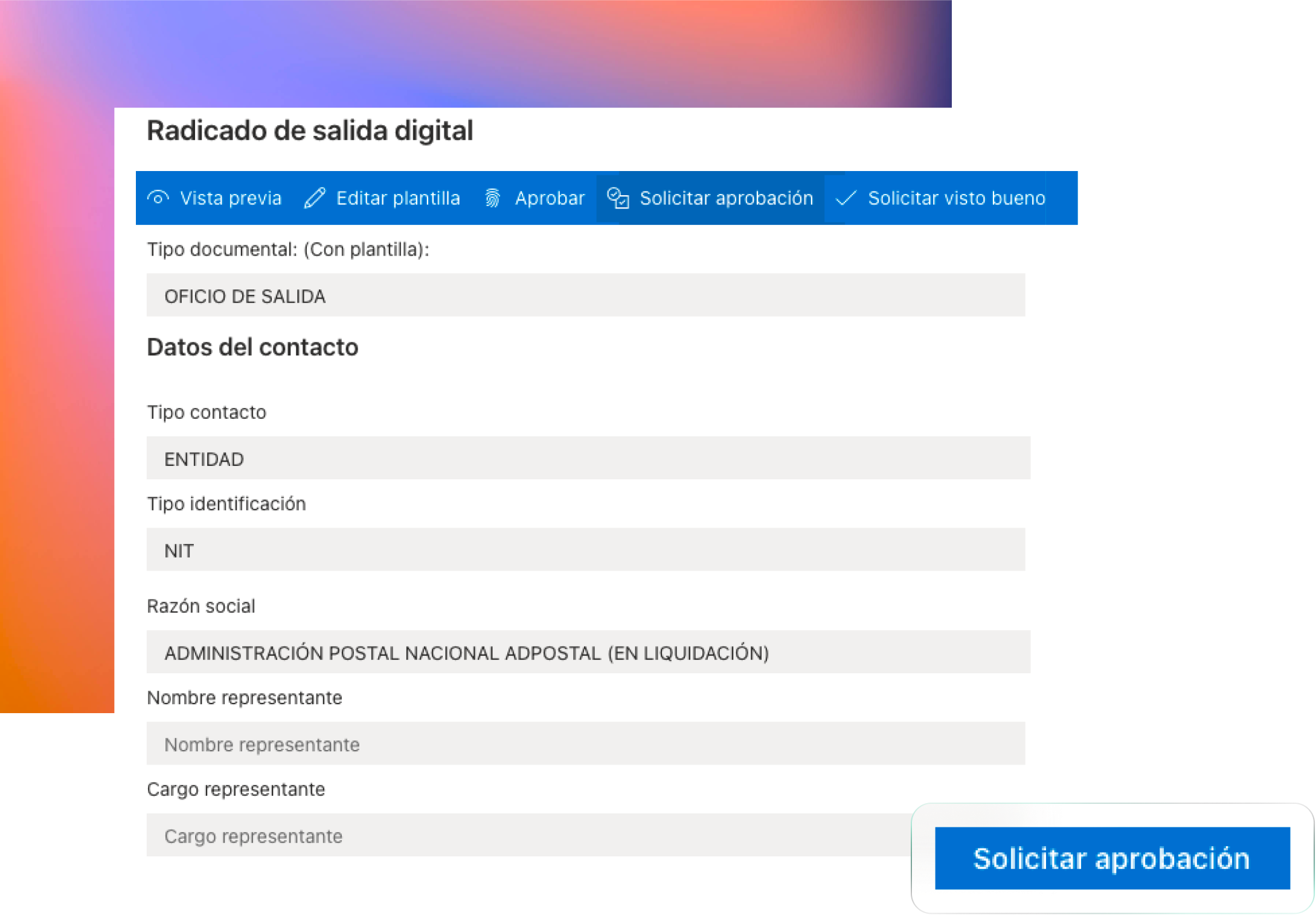 Screenshot solicitud de aprobación dentro de un radicado de salida en Tramitex