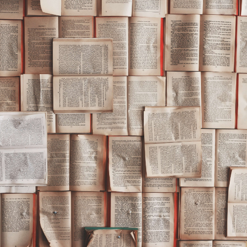 A wall with pages from a book stuck too it.