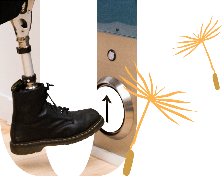 A prosthetic leg kicking an elevator floor button. In u shape with dandelion spores floating.