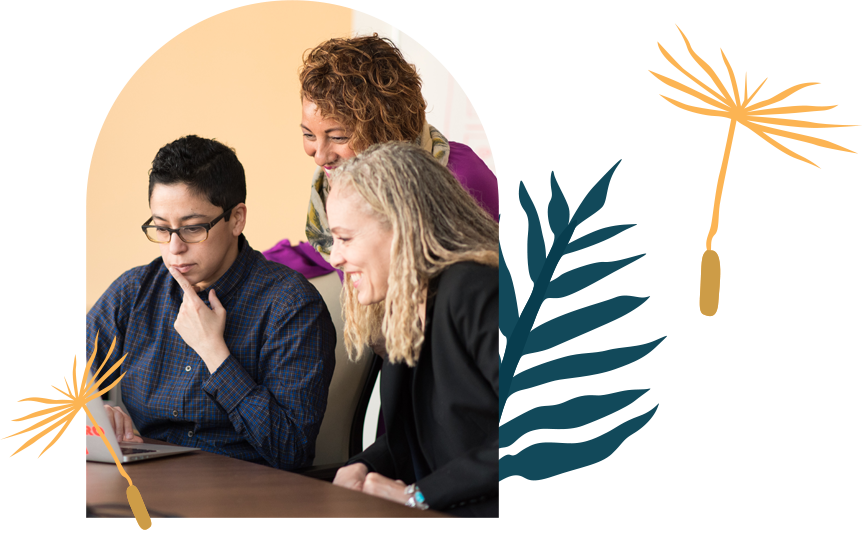 Three people of different ethnicities around a laptop in an arch shape. Vector fern and dandelions.