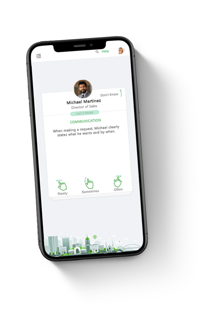 Smartphone displaying Rhabit communication habit swipe card.