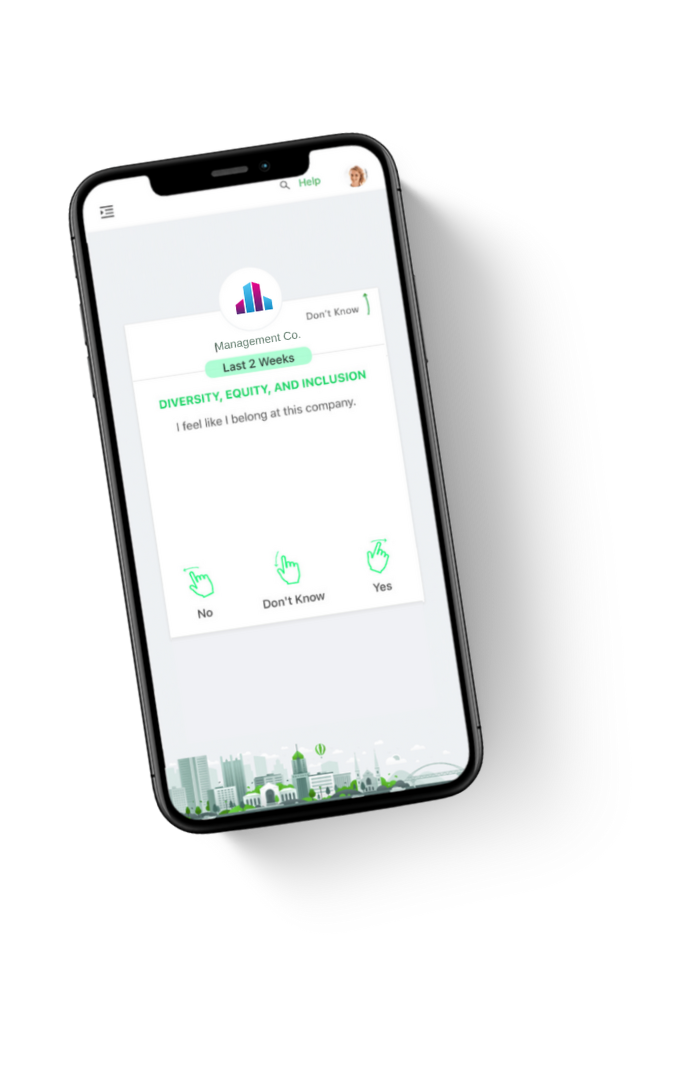 iPhone displaying Rhabit Analytics diversity, equity, and inclusion swipe card.
