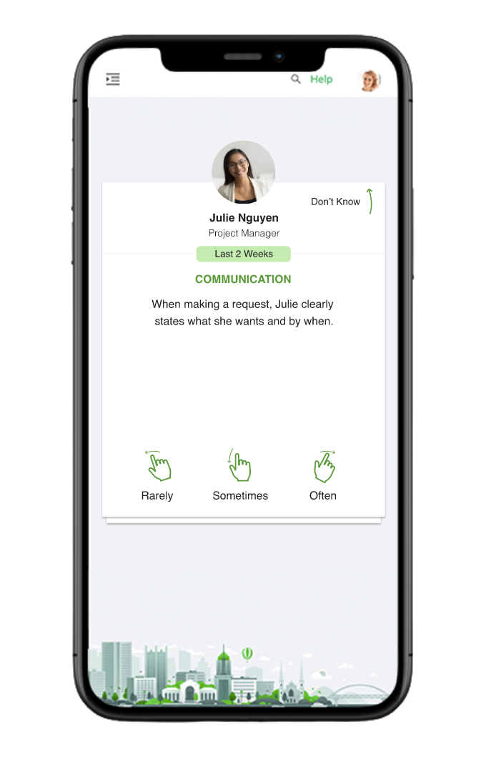 Smartphone displaying Rhabit communication habit swipe card.