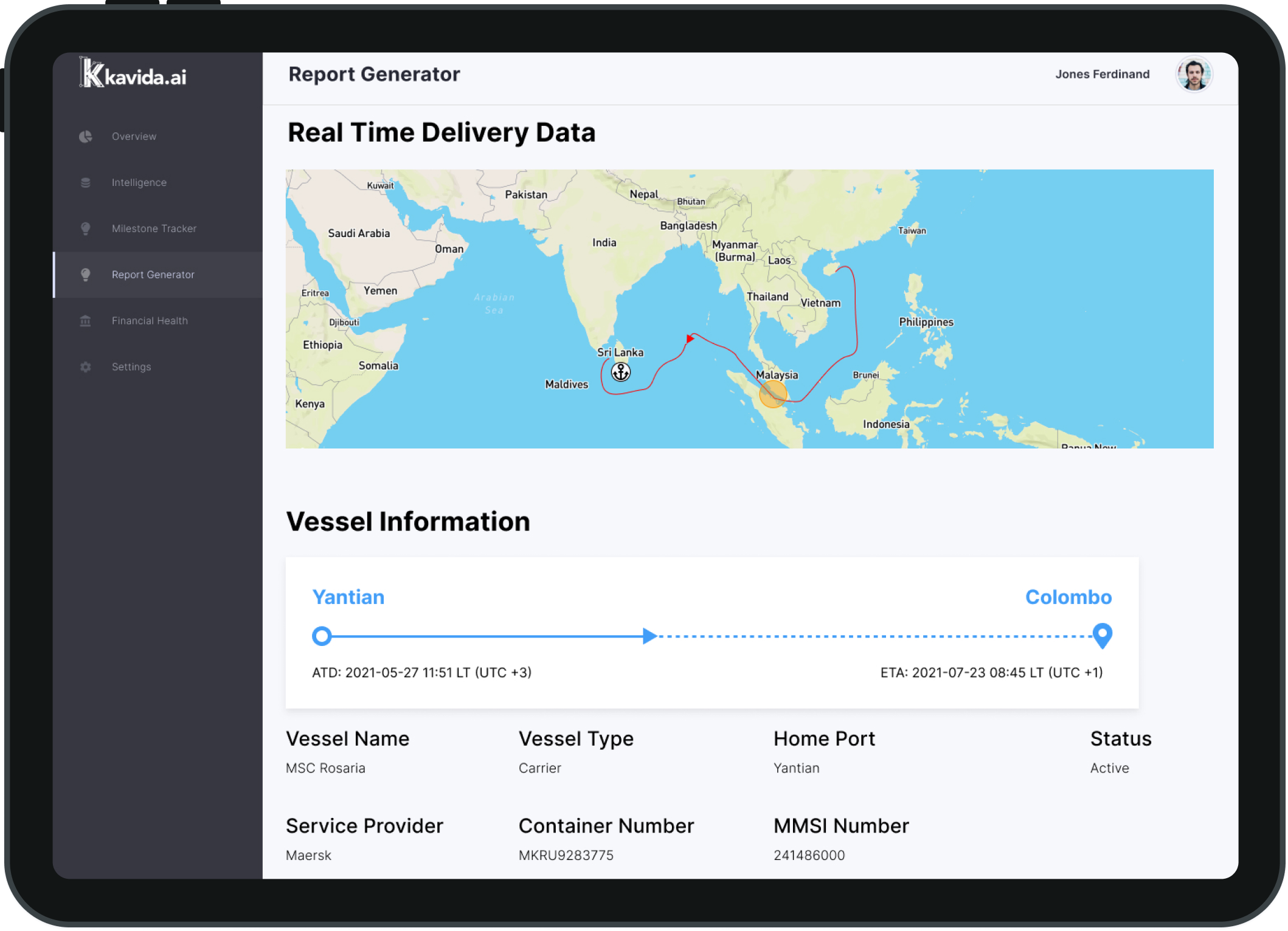 An iPad mockup showing the platform's Shipping Tracker, with a real time visualiser of any shipping vessels, as well as vessel information
