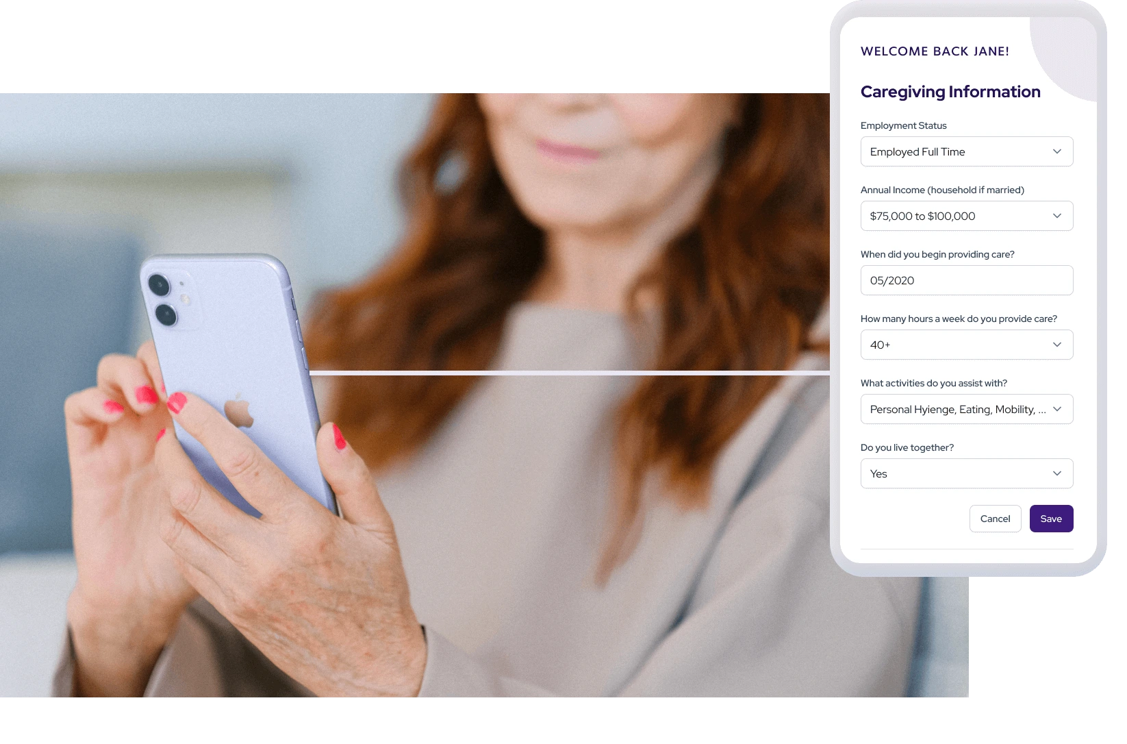 woman on phone filling out givers profile