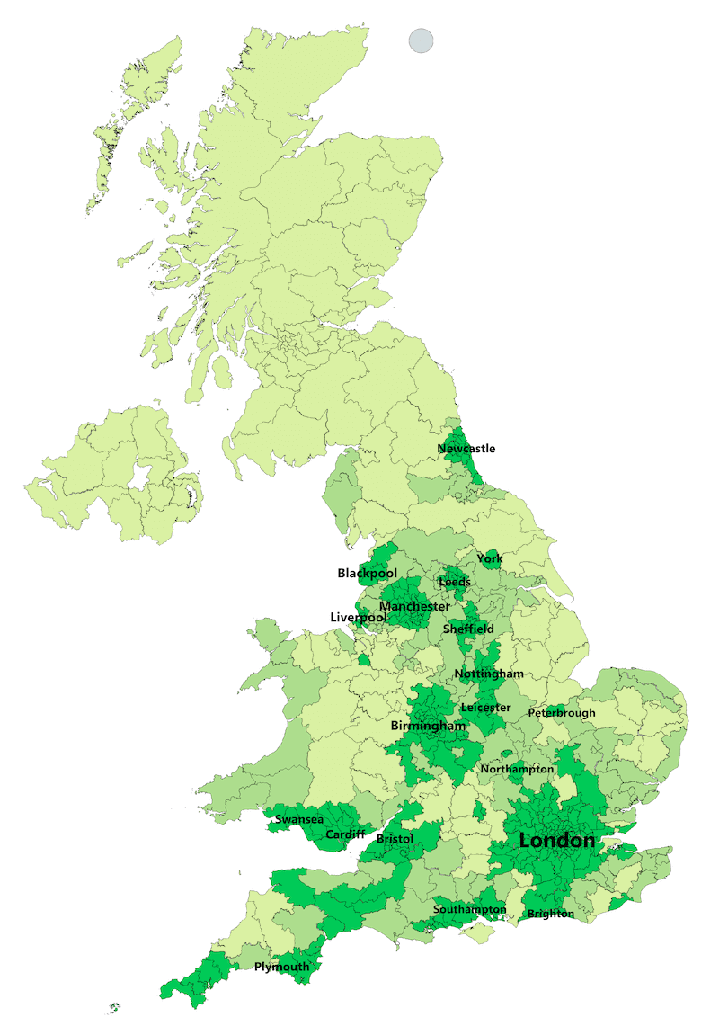 Map showing where Knotweed infestations are concentrated throughout the UK. They tend to be concentrated nearer to large towns and cities.