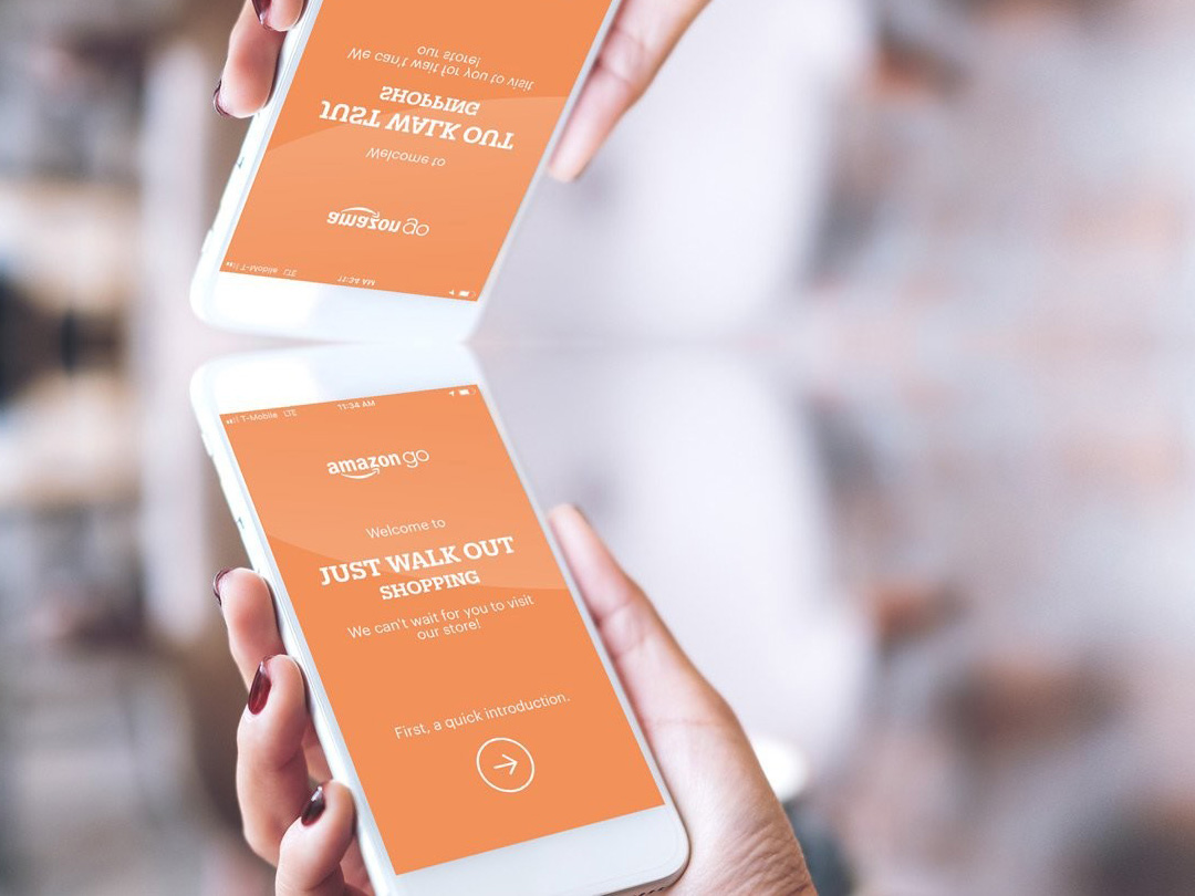 Phone screen Amazon Go. Welcome to Just Walk Out Shopping. We can't wait for you to visit our store!
