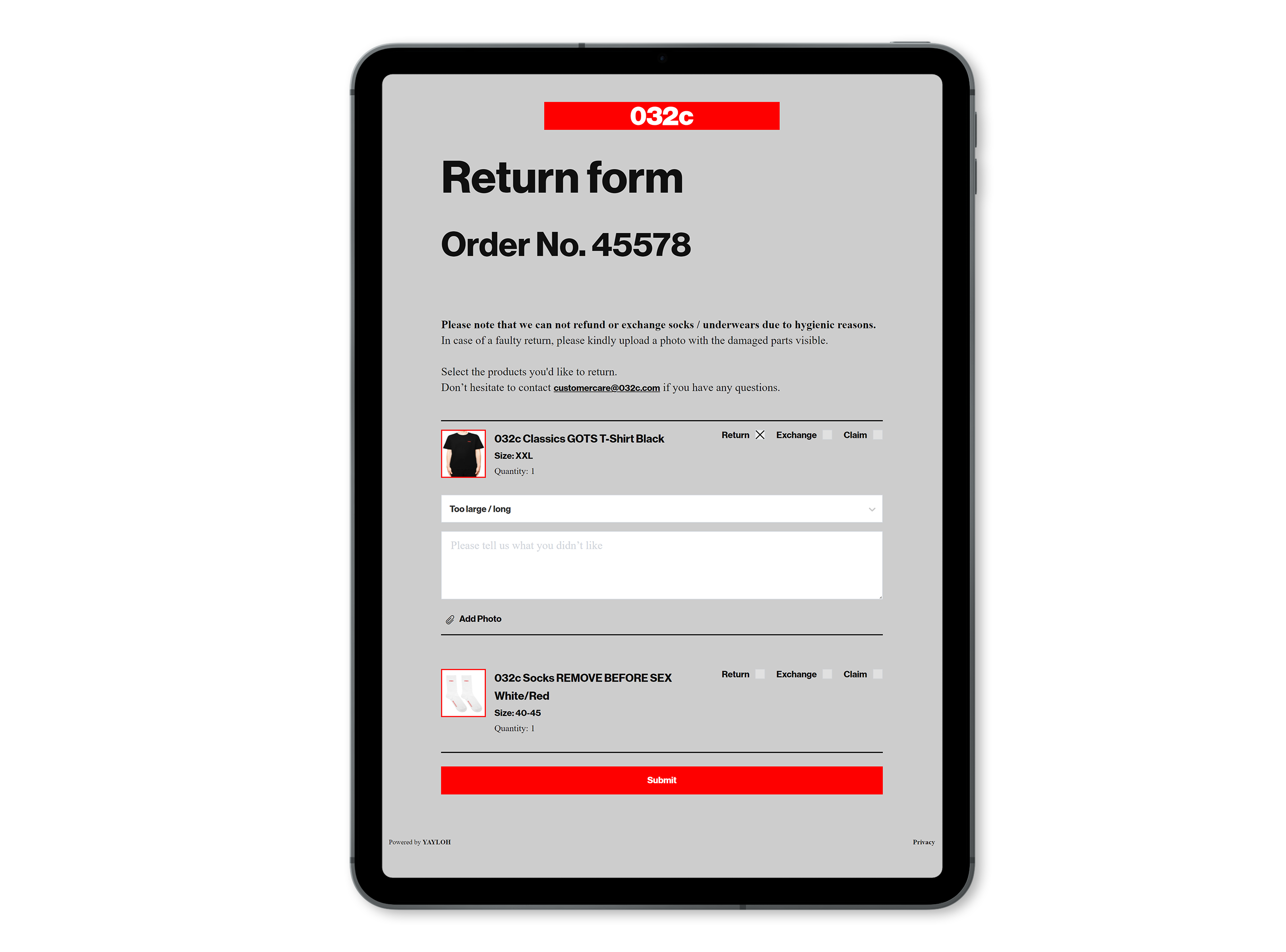 Digital Return Form Powered by yayloh