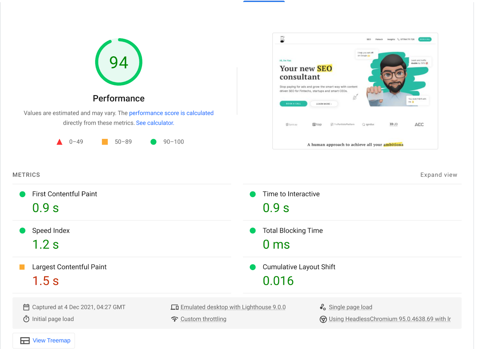 Yaser UK Desktop page speed snapshot