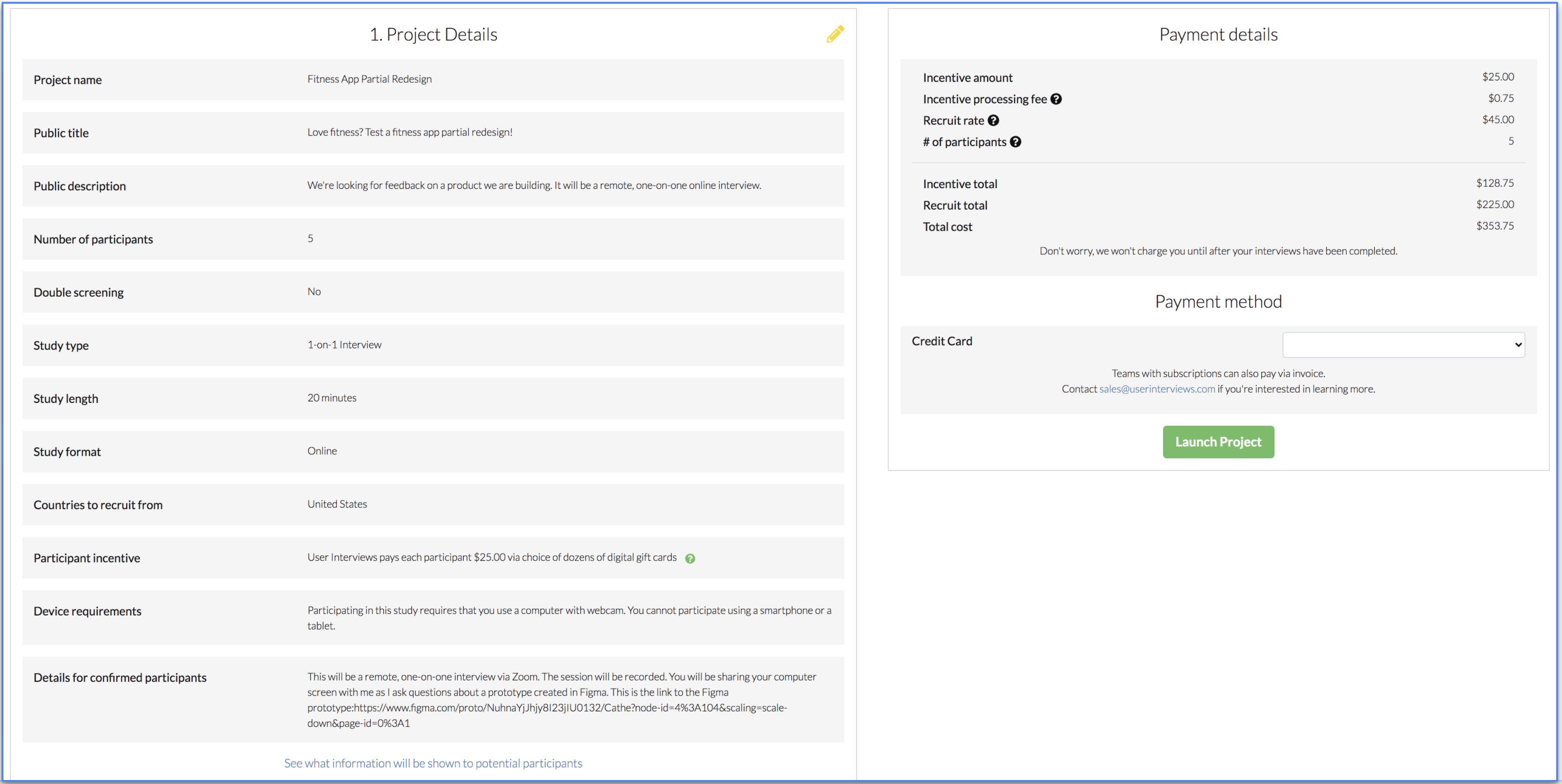 User Interviews payment screen