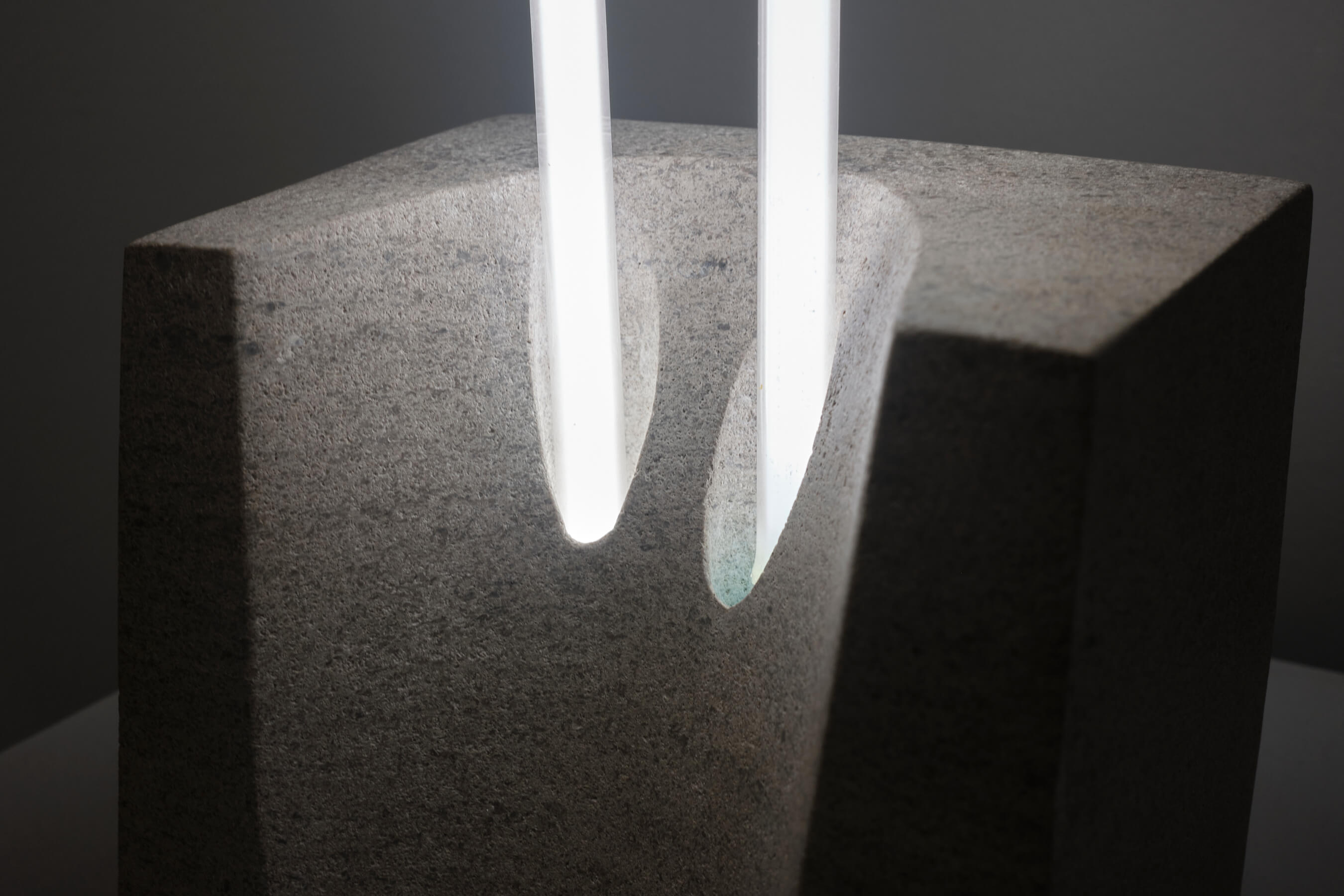 A close look at where the neon glass penetrates the stone in Eleni.