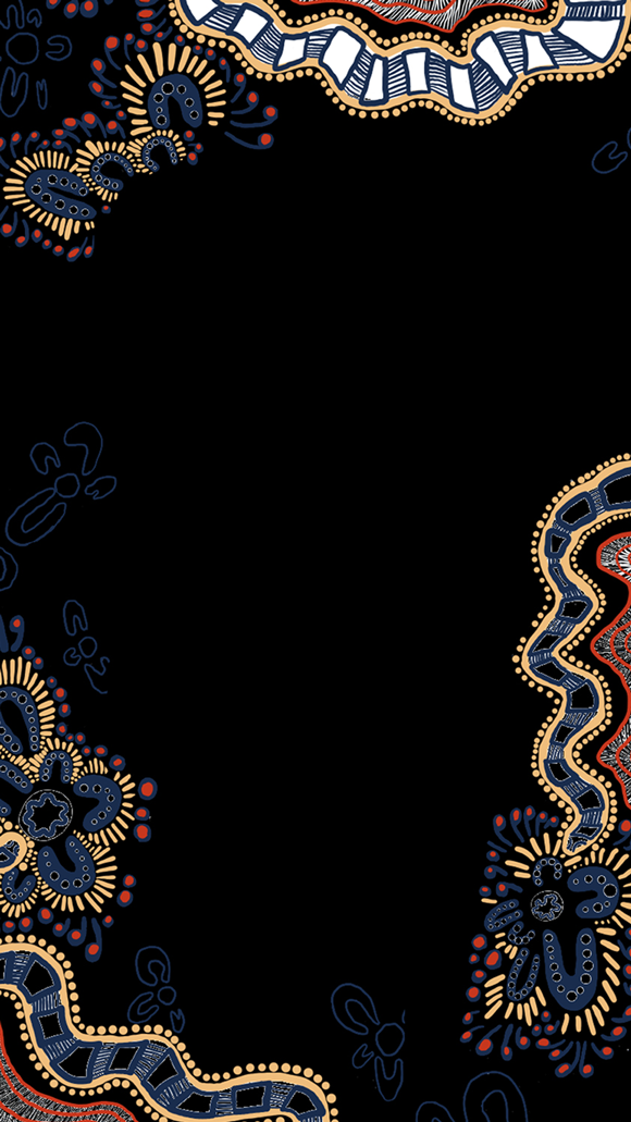 An illustration surrounding the Acknowledgement of Country, by First Nations artist Leilani Knight. The background is black, and cream, red, and blue flowers and abstract shapes frame the page.