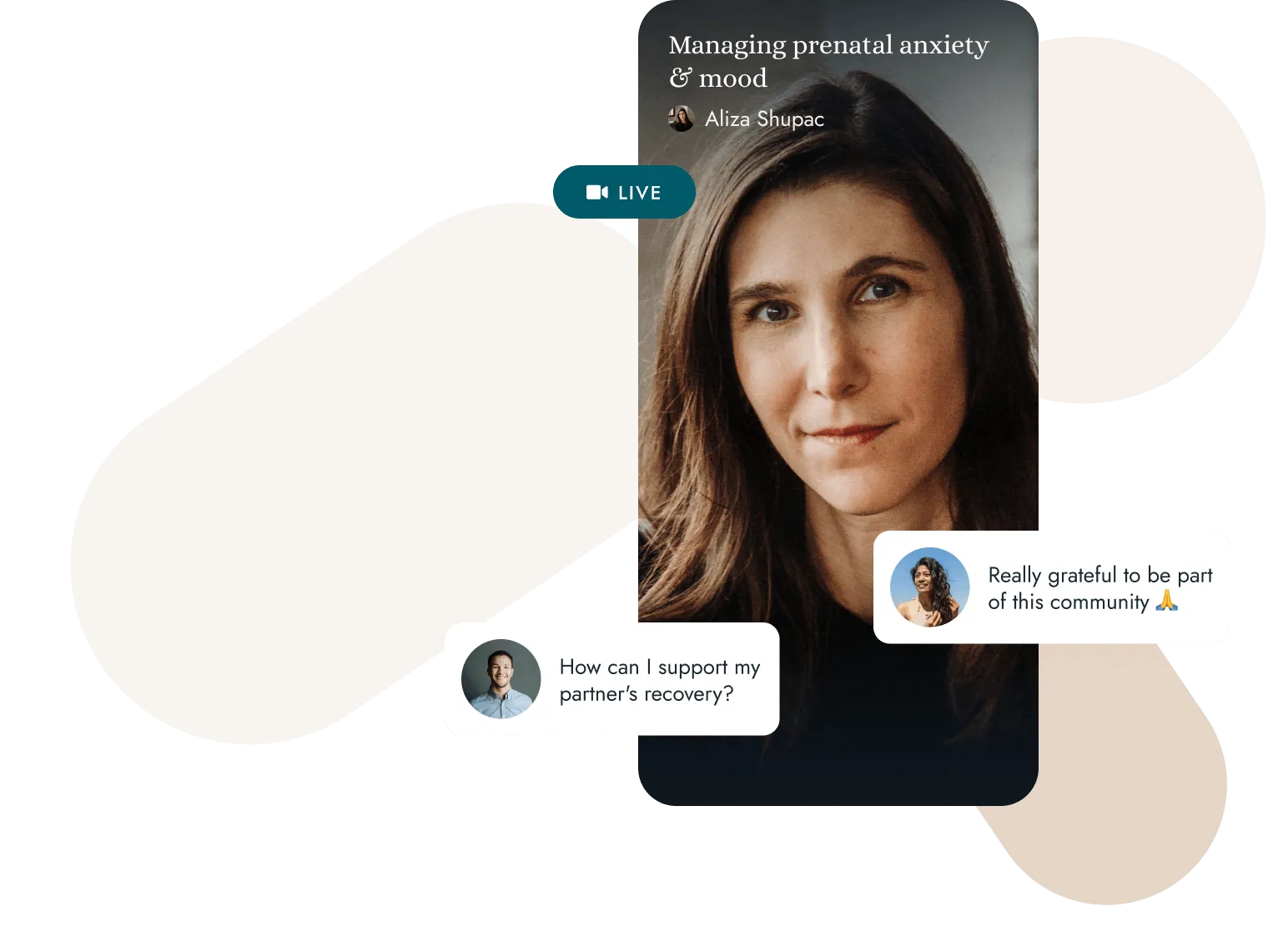 Screengrab of the Managing Prenatal Anxiety and Mood live session in the Koble app with members asking questions